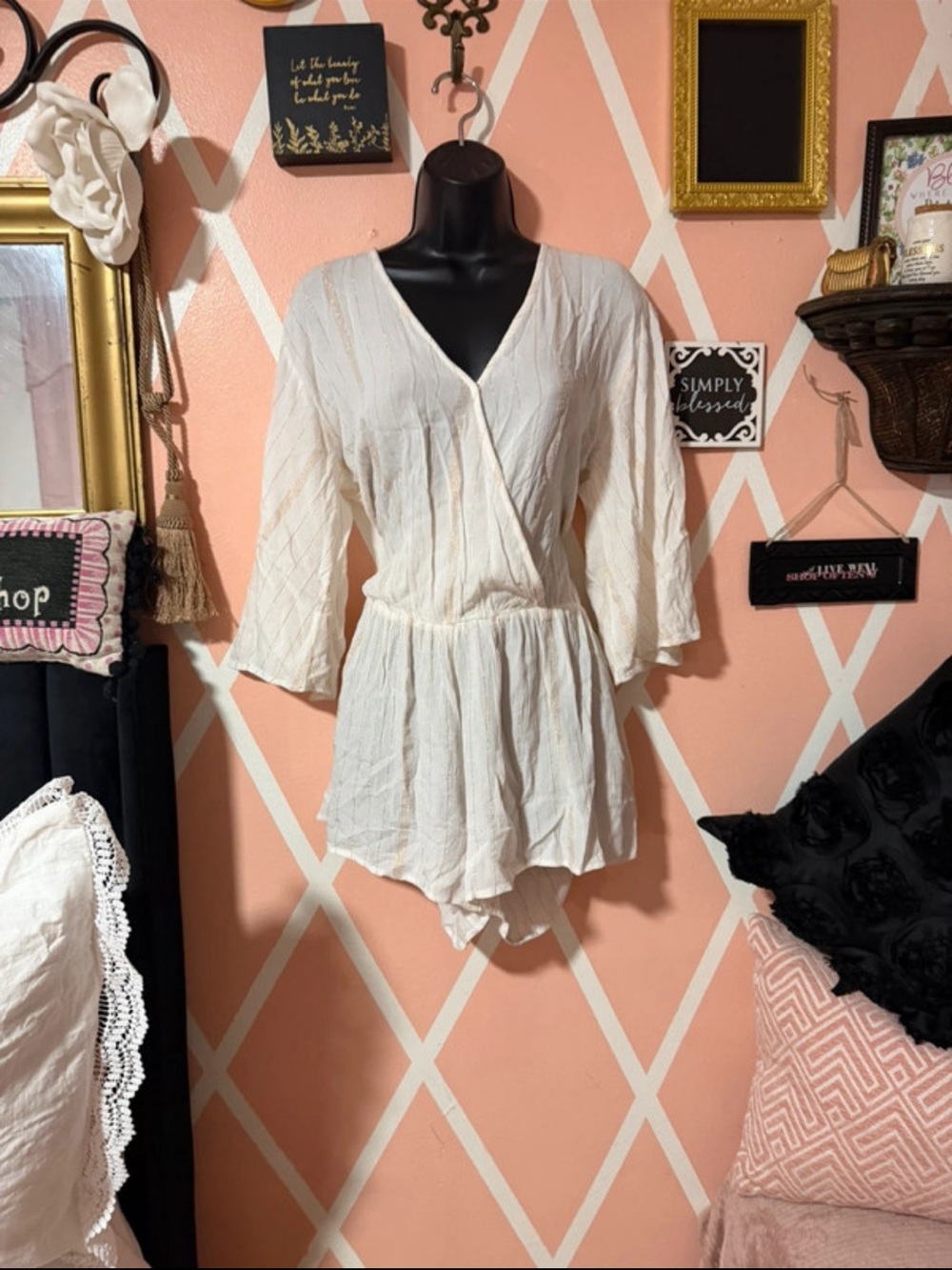 Elan Cream Gold Wrap Romper Chemise
